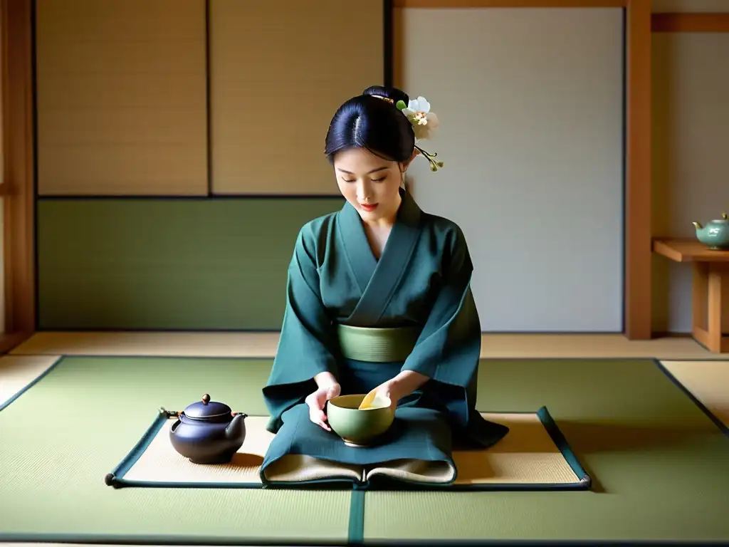 Una ceremonia tradicional japonesa del té en una sala serena de tatami, donde el maestro del té sirve el matcha