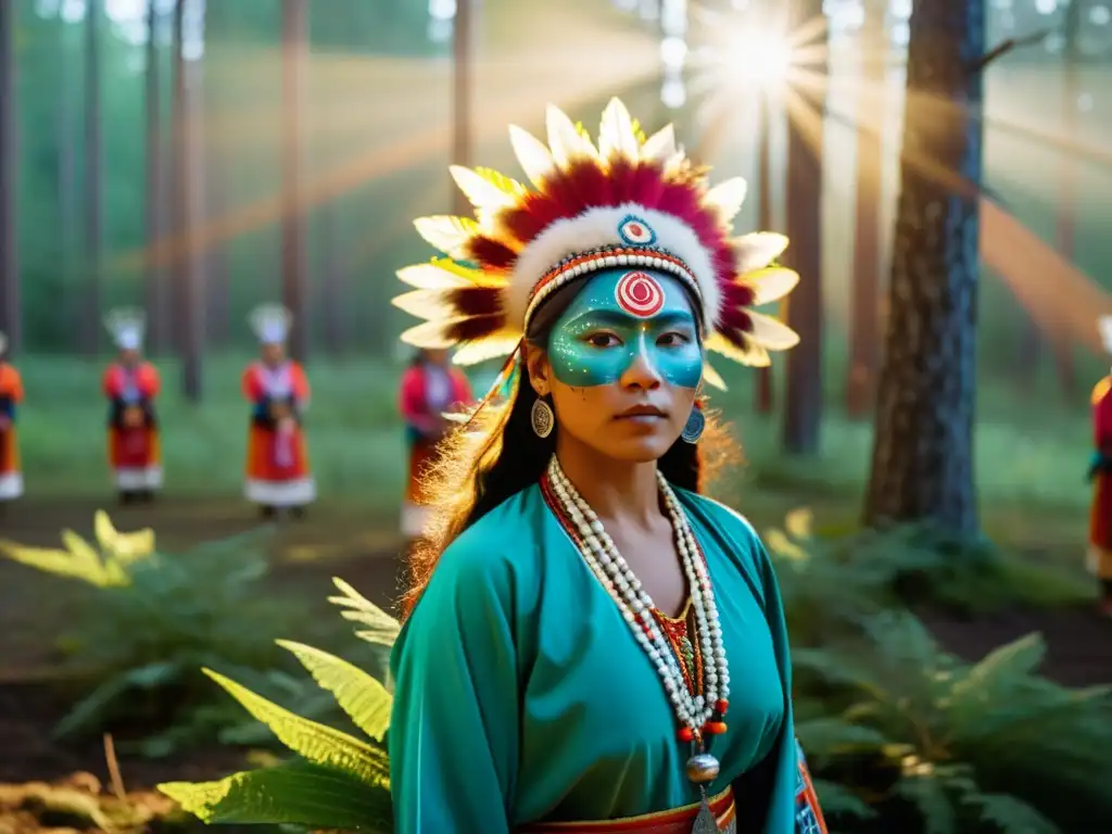 Ceremonia de trance de Siberia: Indígenas danzando en el bosque con atuendos tradicionales, envueltos en una atmósfera mística