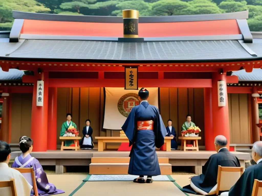 Ceremonia de transición juvenil en un hermoso santuario Shinto