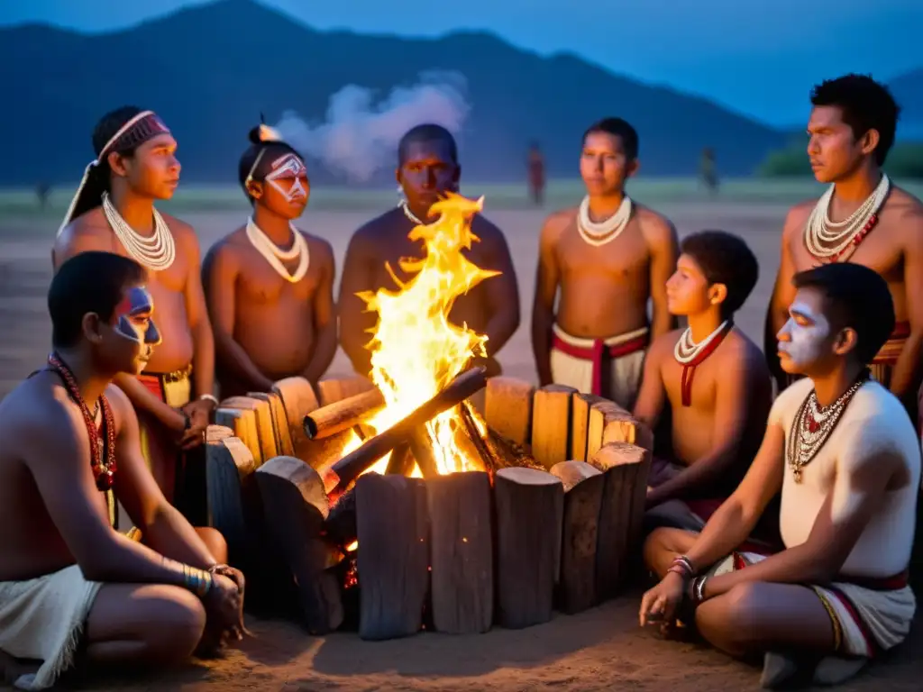 Ceremonia de iniciación tribal alrededor de fogata con jóvenes miembros tribales vestidos de manera tradicional, expresando reverencia y determinación