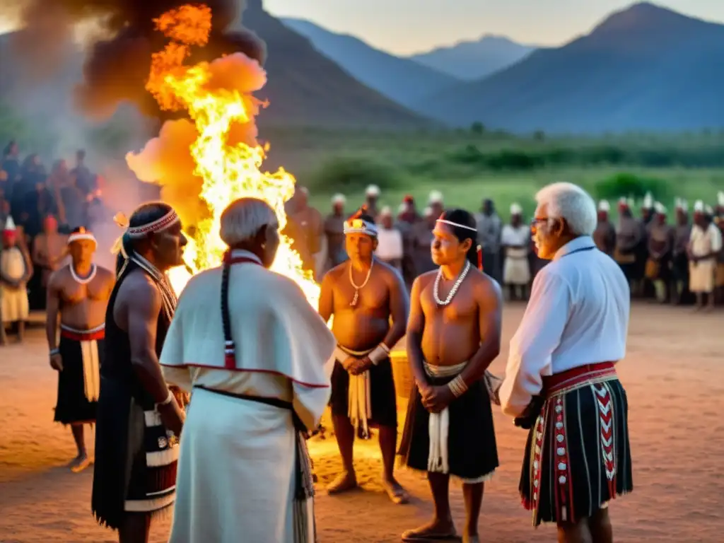 Ceremonia de iniciación tribal: ancianos y jóvenes visten atuendos ceremoniales alrededor del fuego sagrado en un ritual impresionante