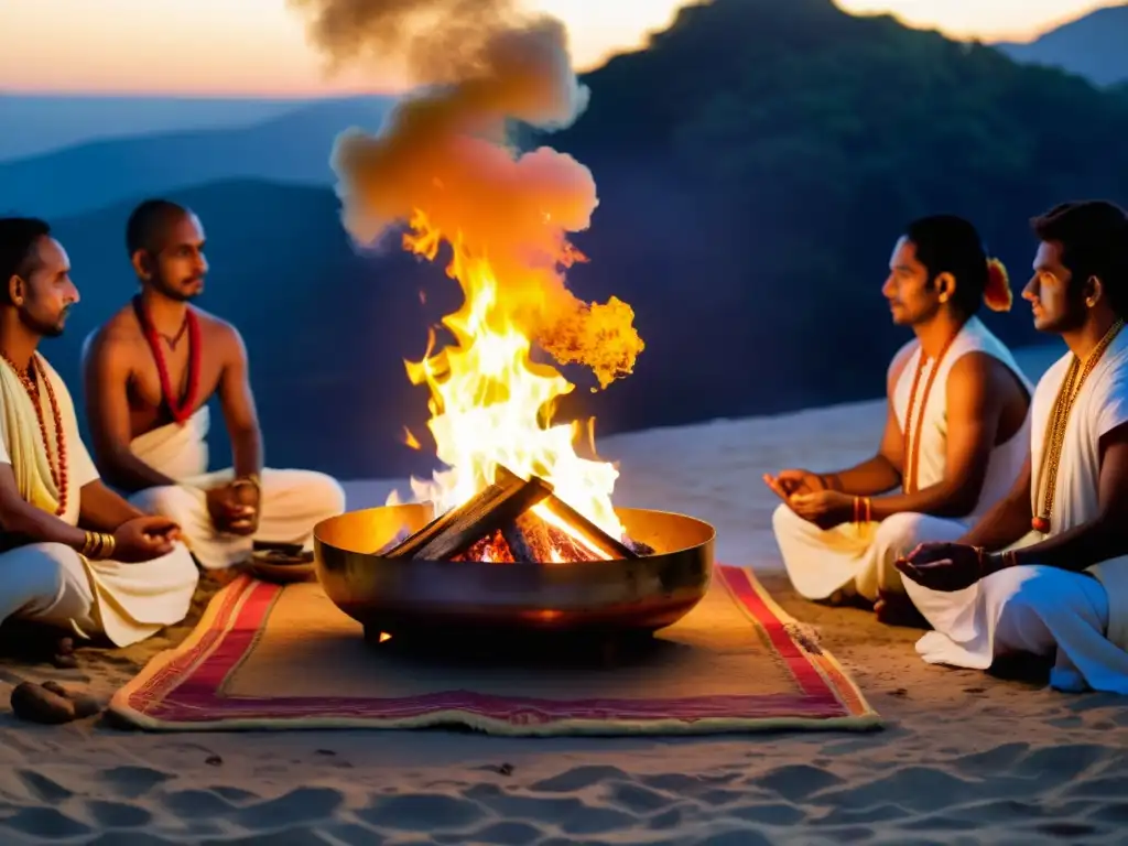 Una ceremonia de Yajna al amanecer, con el fuego sagrado brillando y los participantes realizando rituales védicos