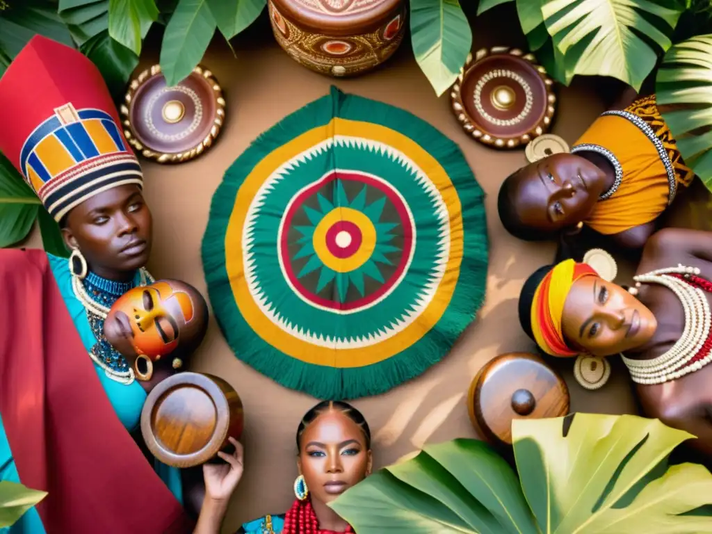 Ceremonias funerarias tribus Ashanti reunidas en un círculo ceremonial con objetos simbólicos bajo la cálida luz del sol en la selva
