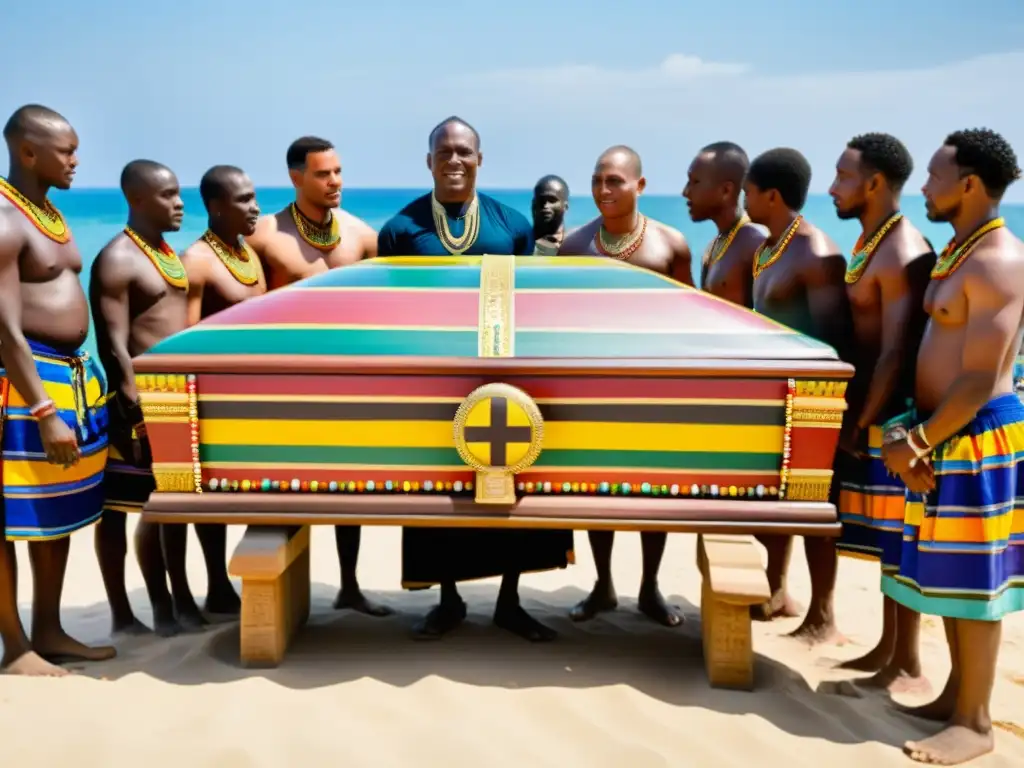 Ceremonias funerarias tribus Ashanti: Grupo con atuendo tradicional rodea un elaborado ataúd de madera adornado con cuentas y tallas simbólicas