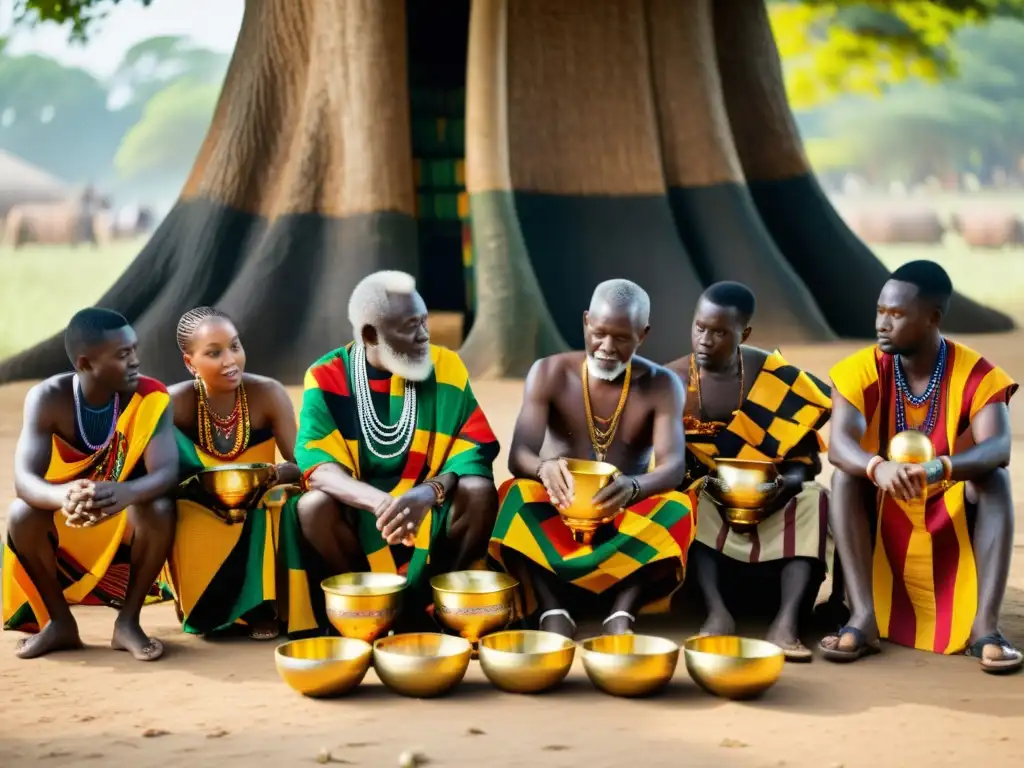 Akan elders preparando Ceremonias de nombramiento Akan bajo un árbol, rodeados de telas Kente y objetos rituales