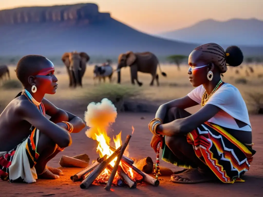 Ceremonias de iniciación tribal al anochecer en la sabana africana, con Samburu reunidos alrededor de una fogata, joyas y vestimenta tradicional iluminadas por el fuego