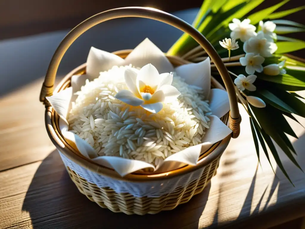 Una cesta de mimbre decorada con arroz blanco y flores, iluminada por el sol