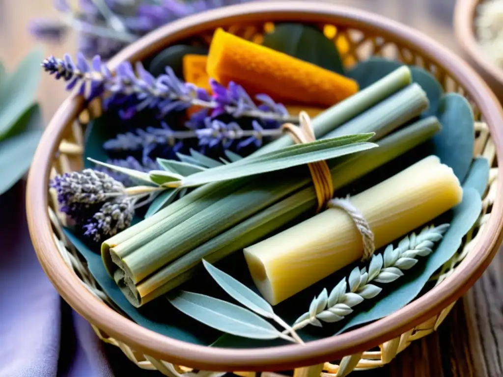 Un cesto tejido tradicional exhibe sahumerios de palo santo, copal, salvia y lavanda, iluminados por luz natural