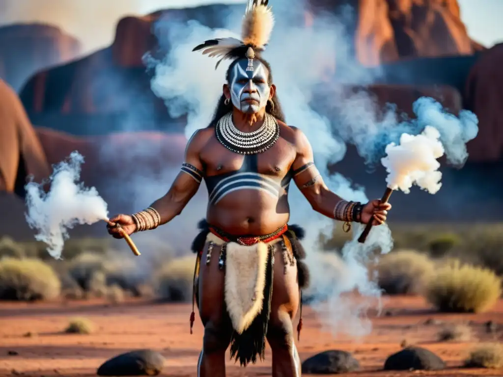 Un chamán aborigen australiano realiza un ritual en el Outback, rodeado de humo, pintura corporal e indumentaria ceremonial