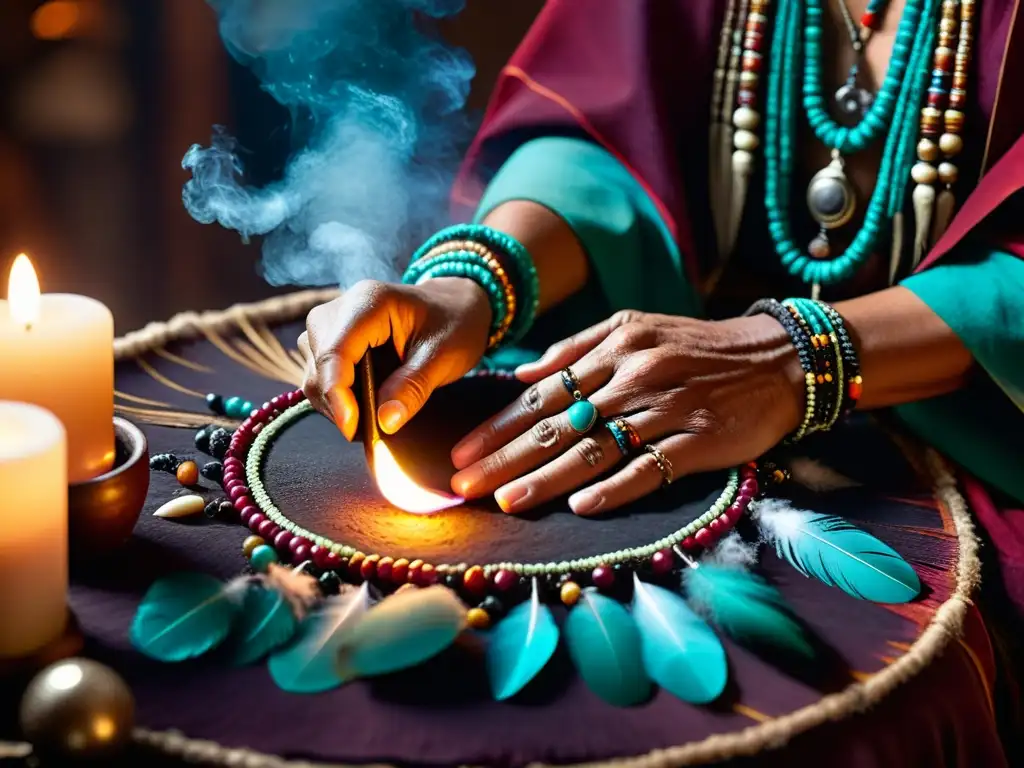 Un chamán elabora amuletos con plumas, cuentas y piedras en un espacio ceremonial lleno de humo