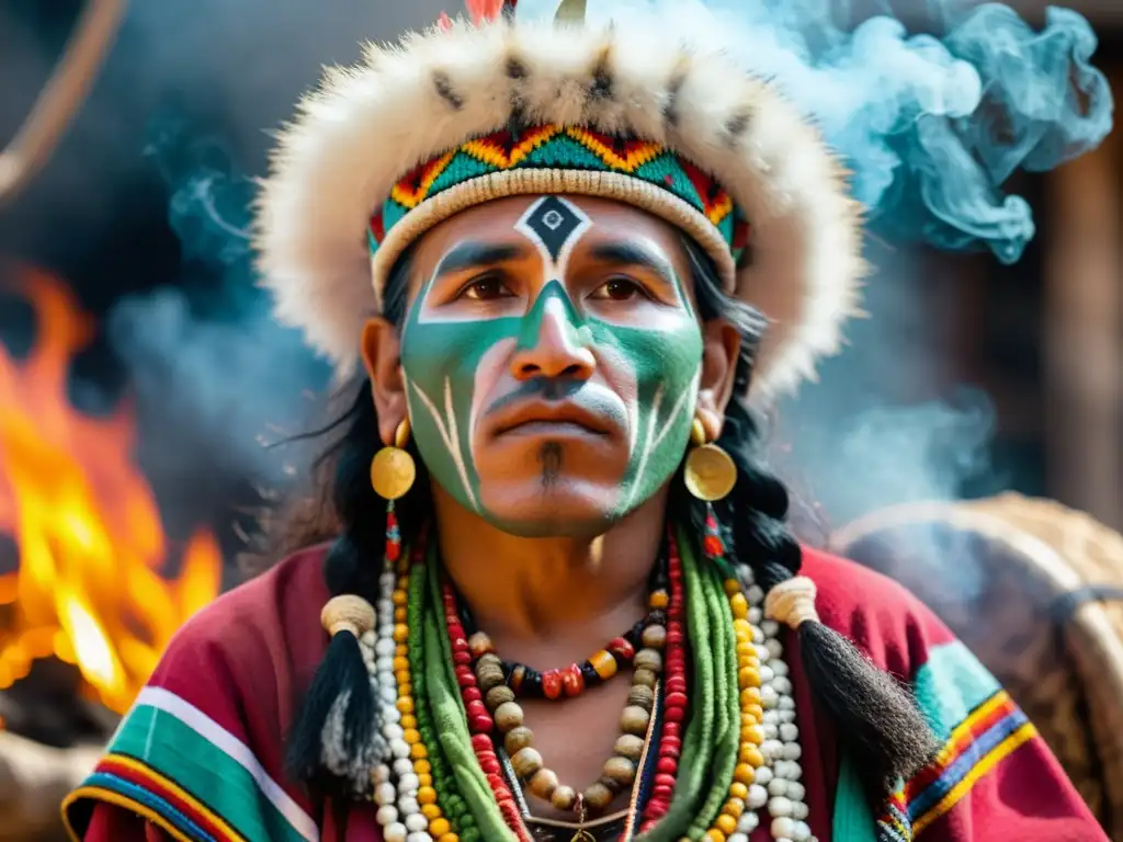 Un chamán andino realiza un ritual en honor a Pachamama, rodeado de ofrendas y humo de hierbas, en las majestuosas montañas andinas