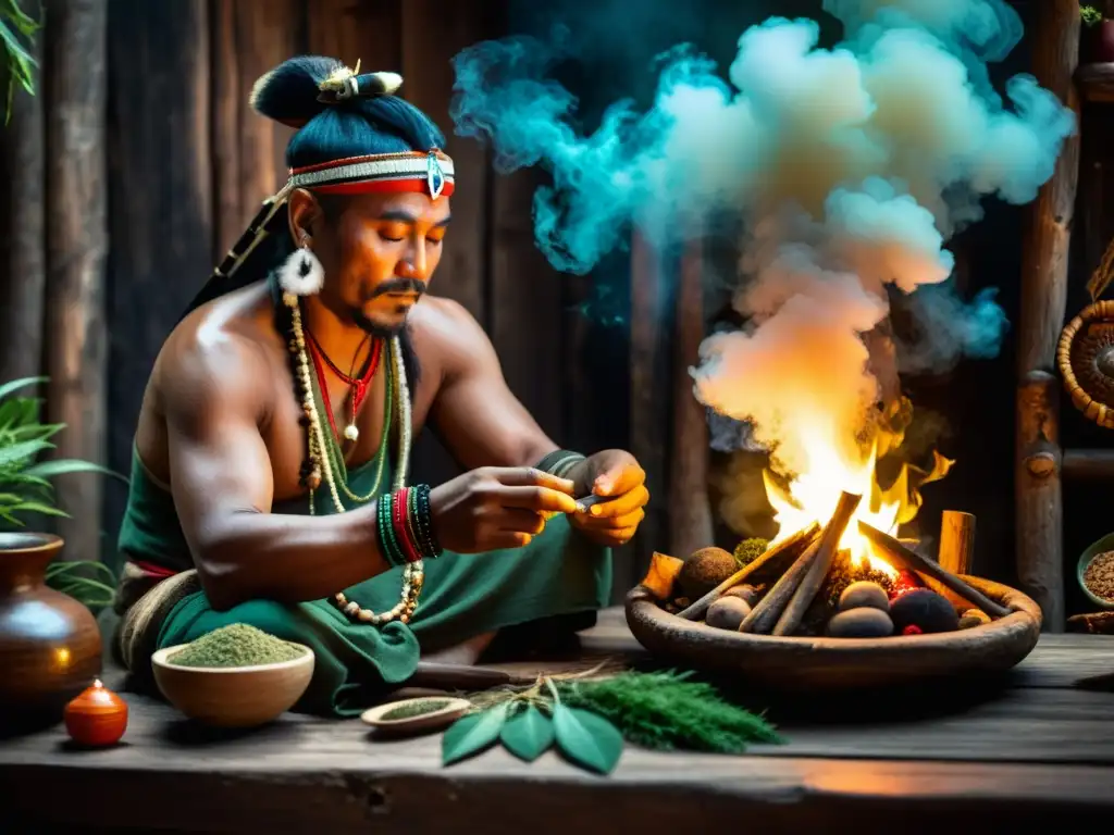 Un chamán prepara bebidas rituales terapéuticas en un ambiente místico con hierbas y humo de incienso