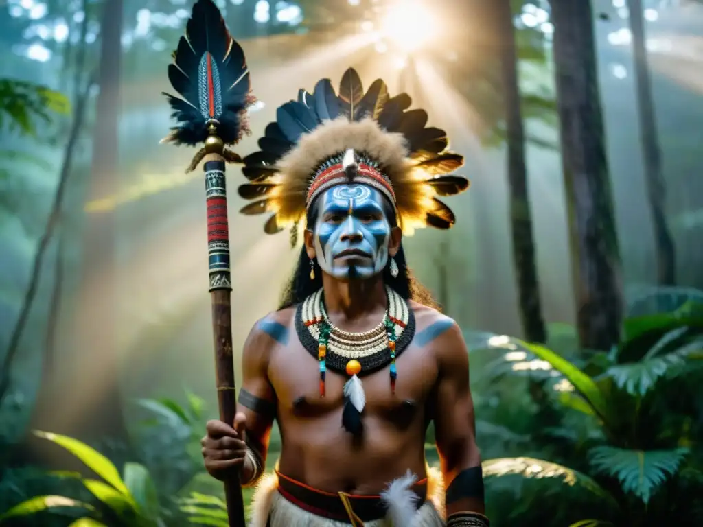 Un chamán en un bosque neblinoso, vistiendo atuendo indígena, sosteniendo un bastón ceremonial y radiando sabiduría