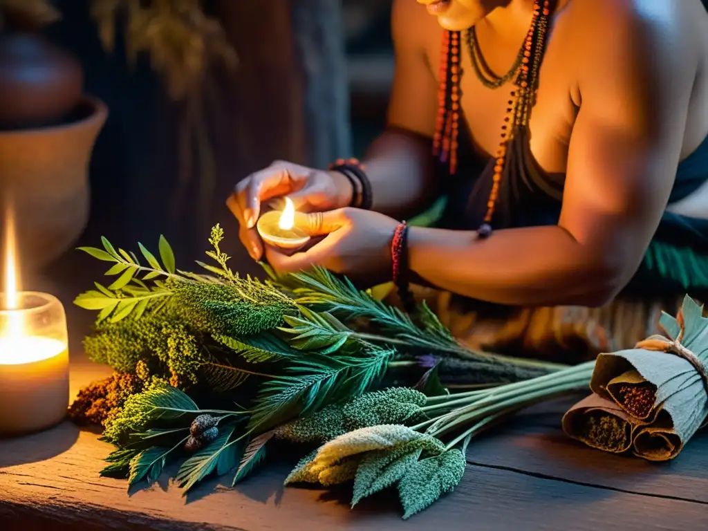 Un chamán selecciona con cuidado hierbas para rituales con plantas medicinales en un espacio ceremonial iluminado por velas