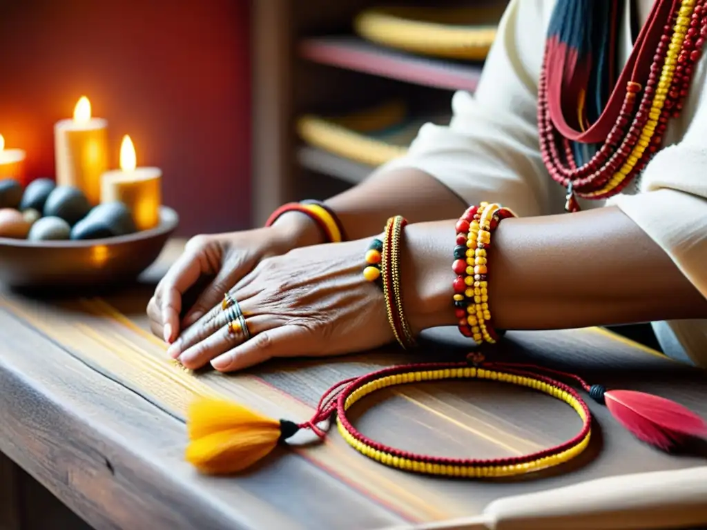 Un chamán experto crea pulseras de poder en rituales, entre hilos y plumas vibrantes, evocando la espiritualidad ancestral