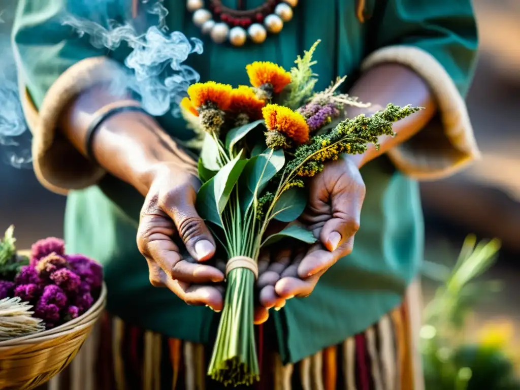 Un chamán experto prepara ritual con plantas medicinales