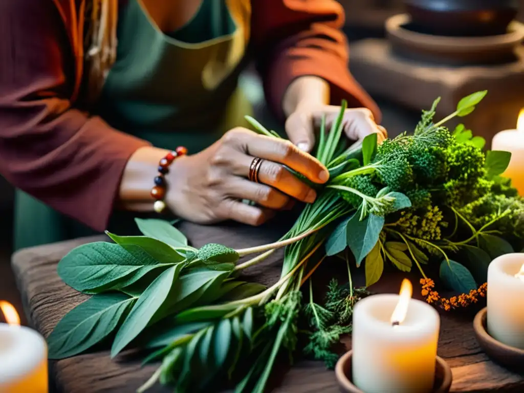 Un chamán selecciona y prepara hierbas frescas en su taller, creando una atmósfera de sabiduría ancestral y rituales con plantas medicinales