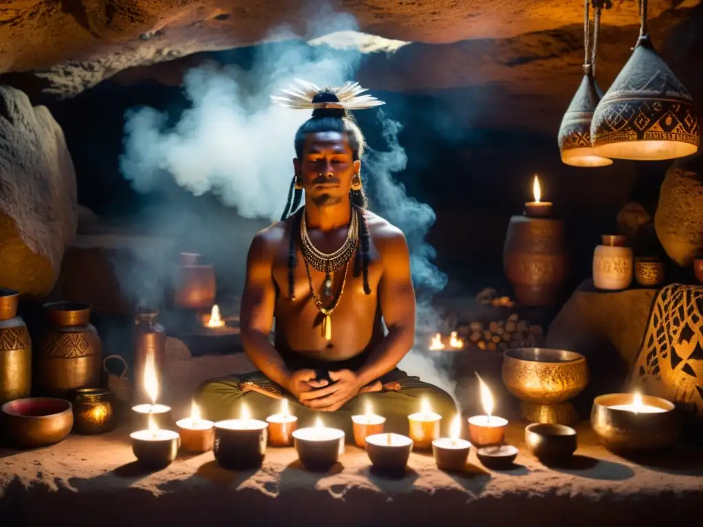 Un chamán preparando hierbas y herramientas rituales en una cueva iluminada por velas