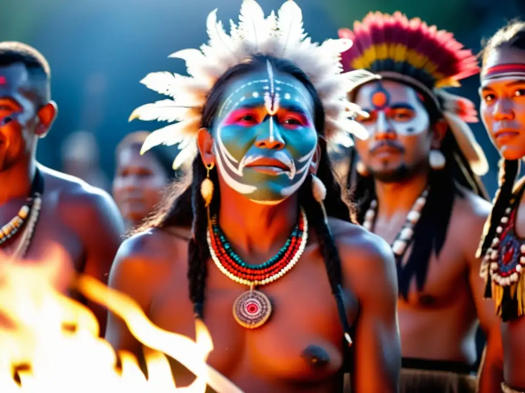 Un chamán indígena, rodeado de miembros tribales, participa en un ritual de sanación