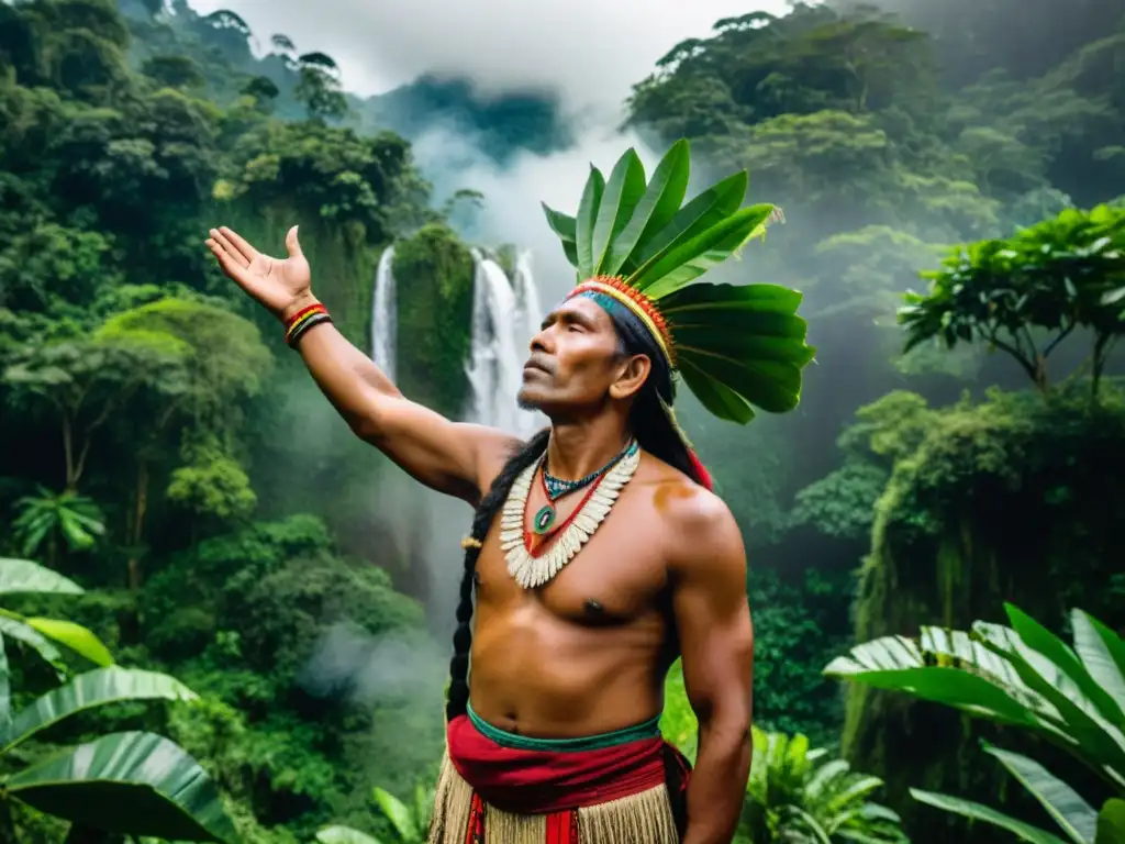 Un chamán indígena en la selva en una ceremonia de la coca, en comunión espiritual con la naturaleza