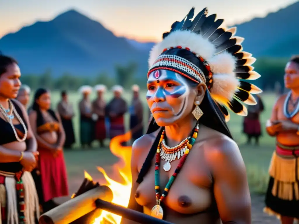 Un chamán indígena, vestido con atuendos tradicionales, comparte sabiduría ancestral con mujeres y hombres, todos con instrumentos sagrados