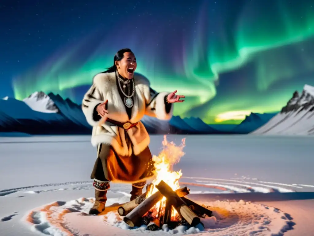 Un chamán inuit danza alrededor del fuego, en ropa de piel tradicional, con la aurora boreal de fondo y música y danza en rituales inuit