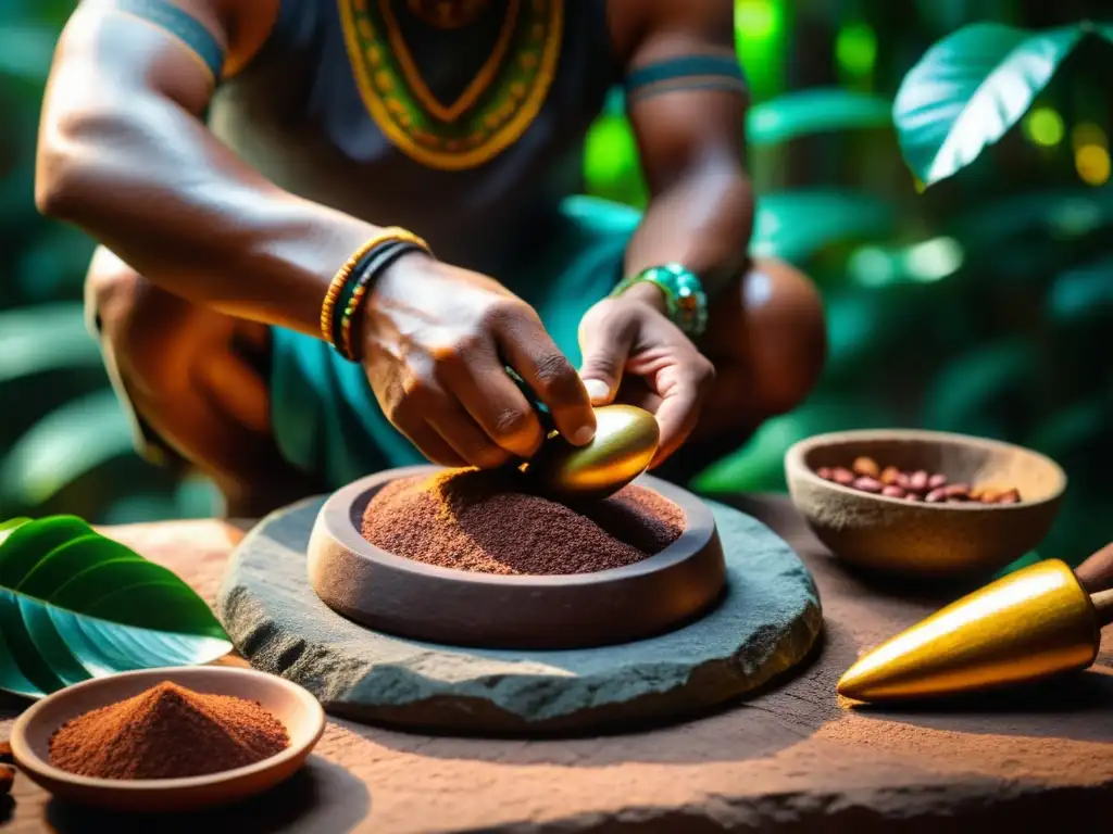 Un chamán maya muele cacao en un metate, con luz dorada filtrándose entre la densa selva