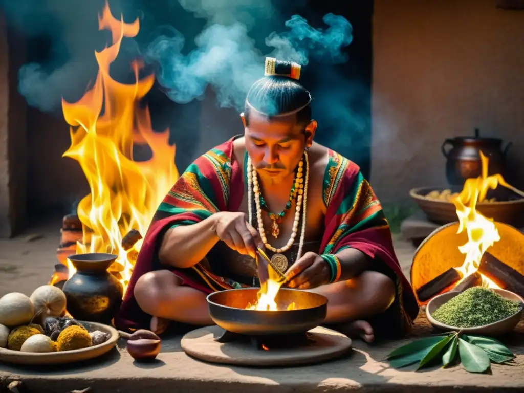 Un chaman maya bendice la cocina sagrada con hierbas humeantes, rodeado de ingredientes vibrantes y utensilios tradicionales