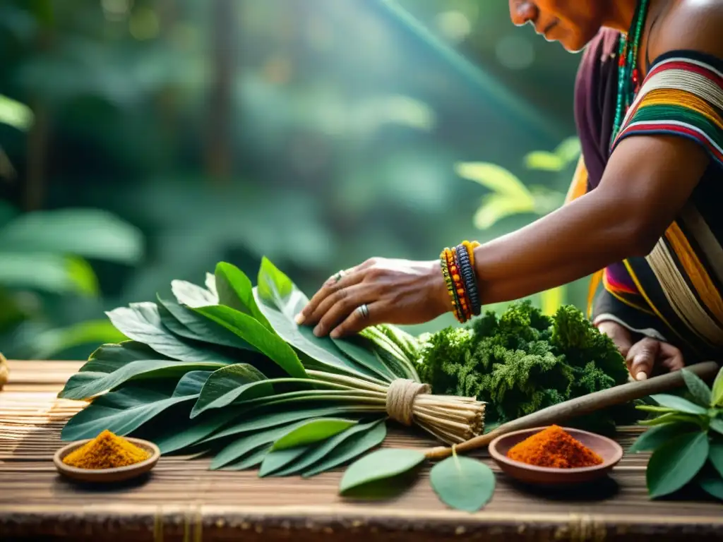 Un chamán maya selecciona hierbas en un claro soleado del bosque, mostrando la fitoterapia en rituales de equinoccio