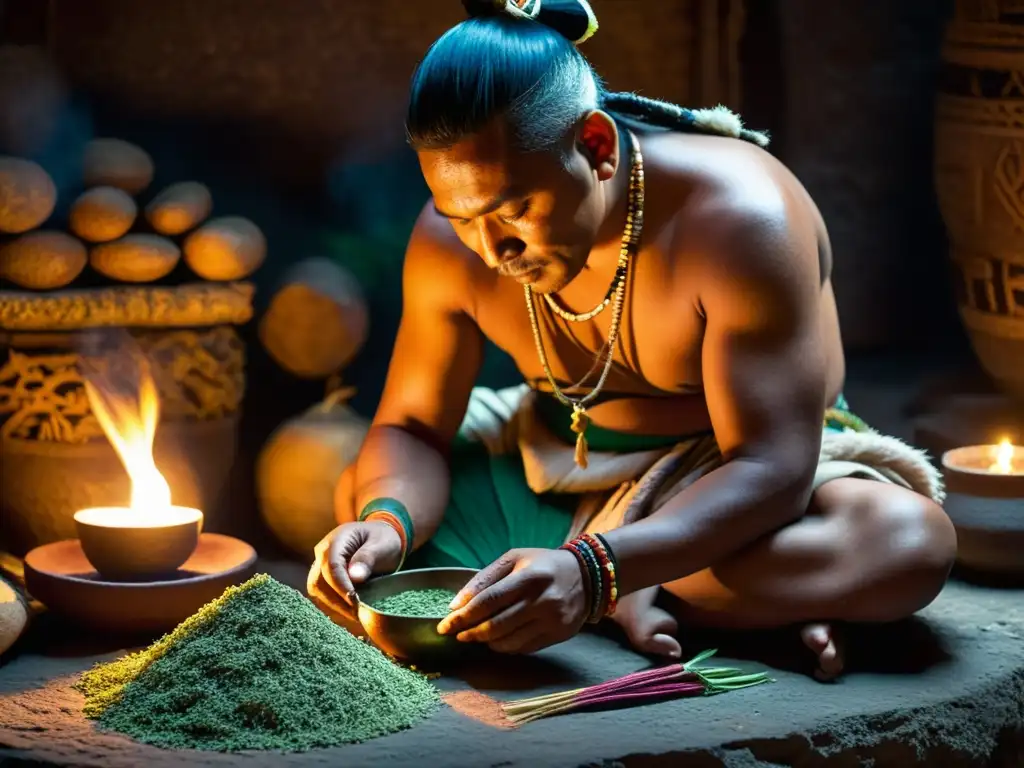 Un chamán maya prepara una mezcla de hierbas ritual en un templo rústico iluminado por velas, evocando los rituales de bienestar herbolaria