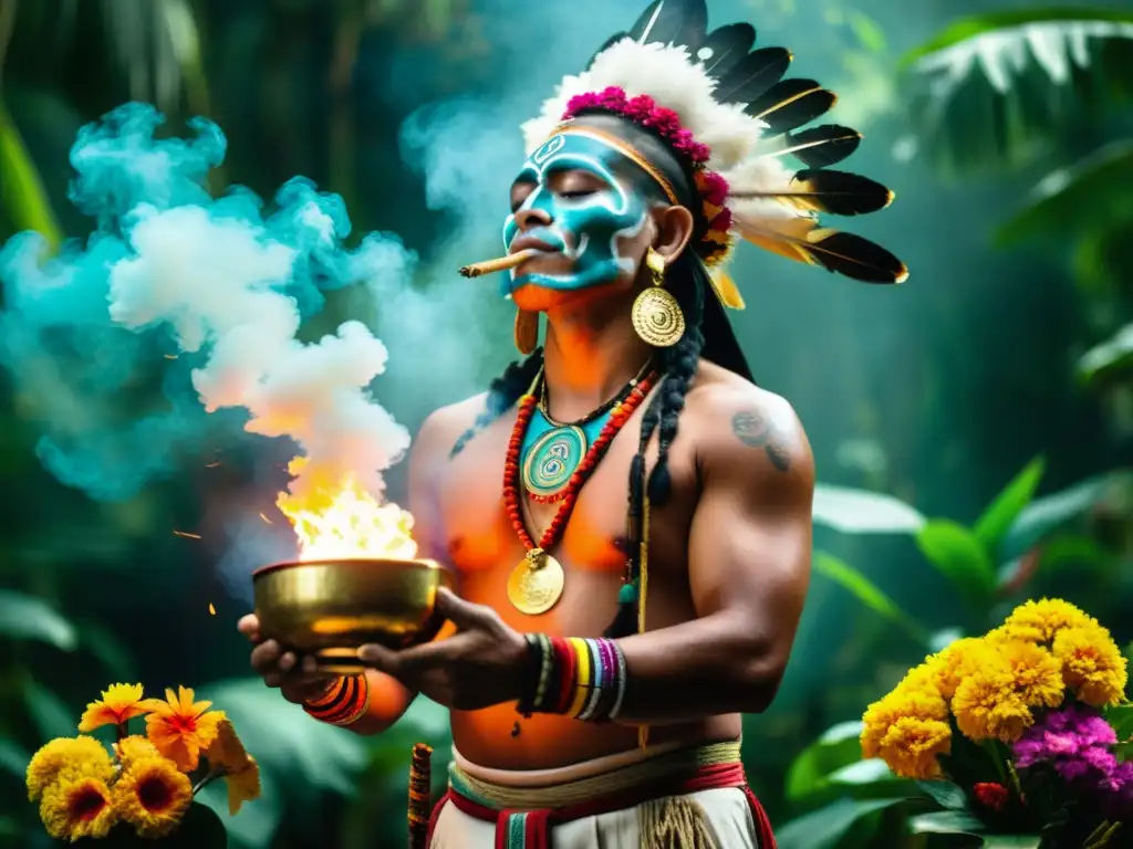 Ritual maya: chamán, flores y misticismo Un chamán maya realiza un ritual ceremonial rodeado de flores vibrantes e incienso
