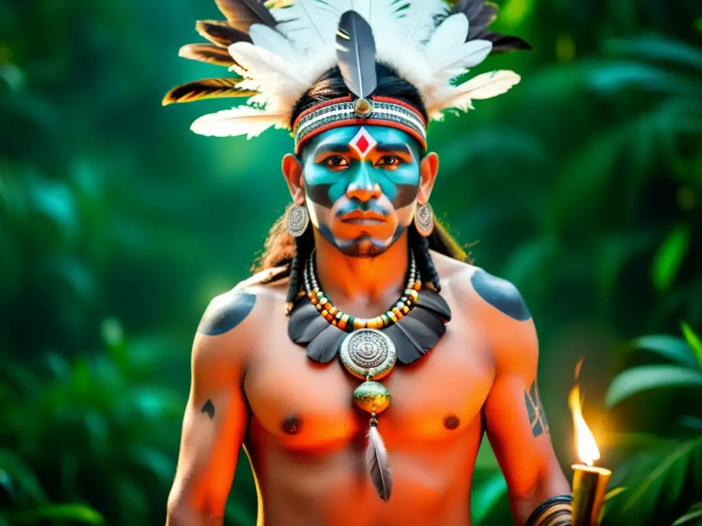 Ritual maya: chamán en la selva Un chamán maya realiza un ritual en la exuberante selva, inmerso en una atmósfera mística