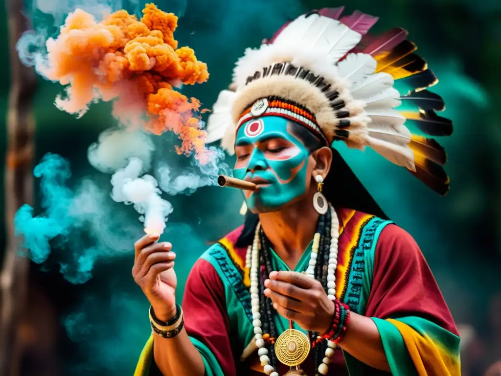 Un chamán maya realiza un ritual con incienso y vestimenta ceremonial, evocando tradición, reverencia y conexión espiritual