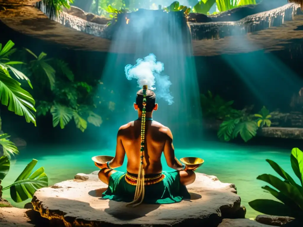Ritual maya en cenote: shaman, ruinas y jungla Un chamán maya realiza un ritual místico en un cenote sagrado, rodeado de ruinas antiguas y selva exuberante