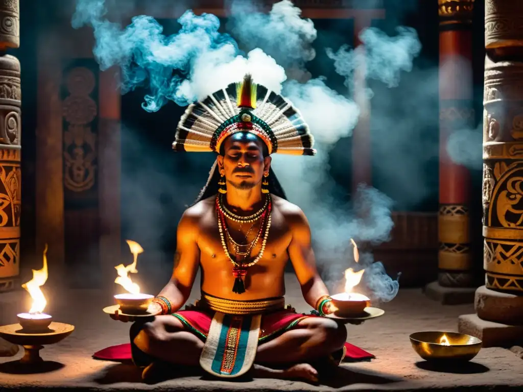 Ritual maya: misterio y sabiduría ancestral Un chamán maya realiza un ritual místico en un templo iluminado por velas, rodeado de artefactos ceremoniales