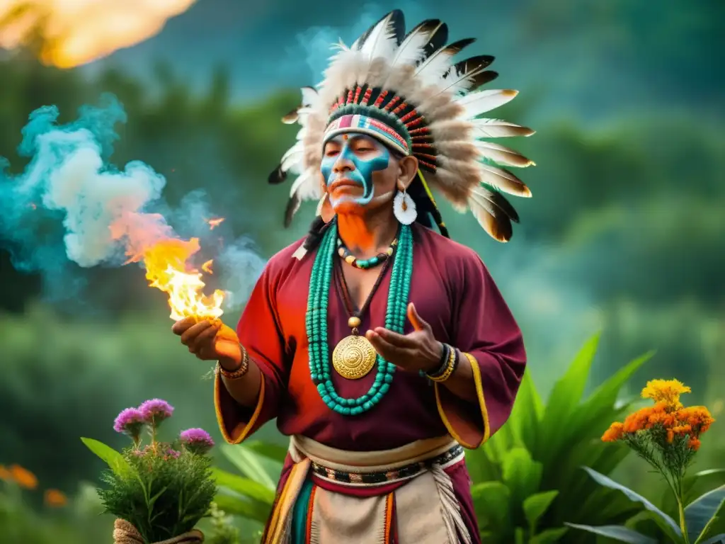 Un chamán maya realiza un ritual rodeado de vegetación exuberante y flores silvestres, con humo y una fogata en el centro