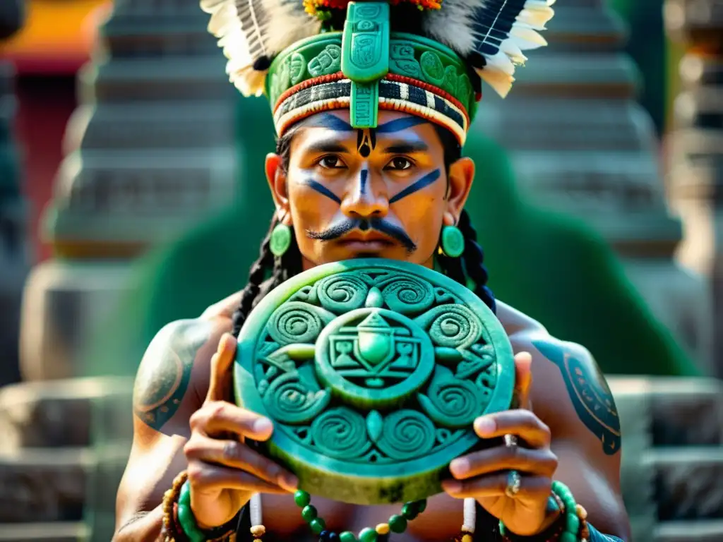 Un chamán maya realiza un ritual sagrado con una deslumbrante piedra de jade, destacando la conexión con las piedras preciosas en rituales ancestrales