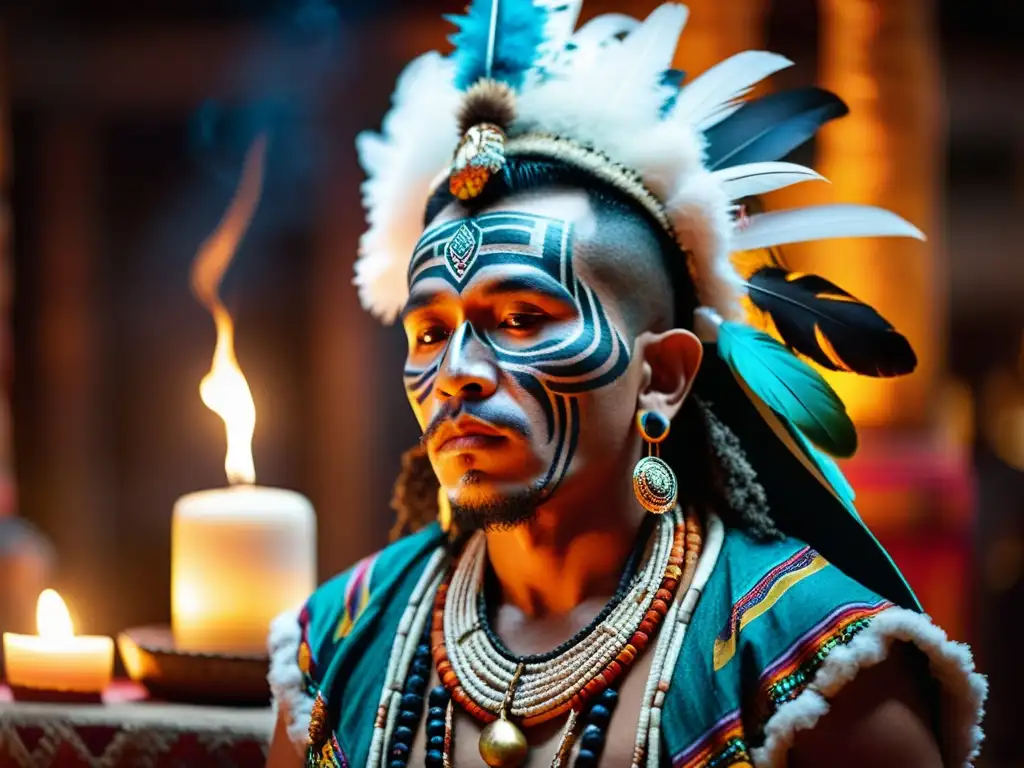 Un chamán maya realiza un ritual sagrado en un templo decorado, rodeado de velas y humo de copal