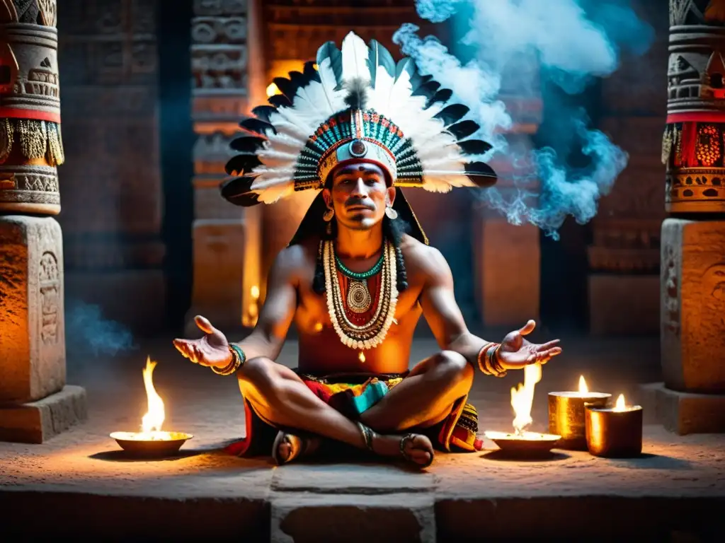 Ritual maya: misterio ancestral en alta resolución Un chamán maya realiza un ritual en un templo iluminado por velas, creando una atmósfera mística