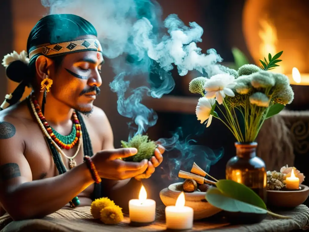 Un chamán maya realiza rituales ancestrales con aceites esenciales en un altar iluminado por velas, invocando bendiciones y energías curativas