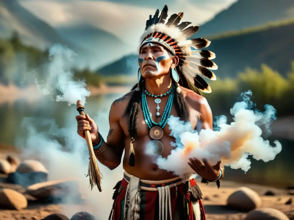 Un chamán nativo americano realiza un ritual espiritual entre el humo, conectado con la naturaleza y la sabiduría ancestral