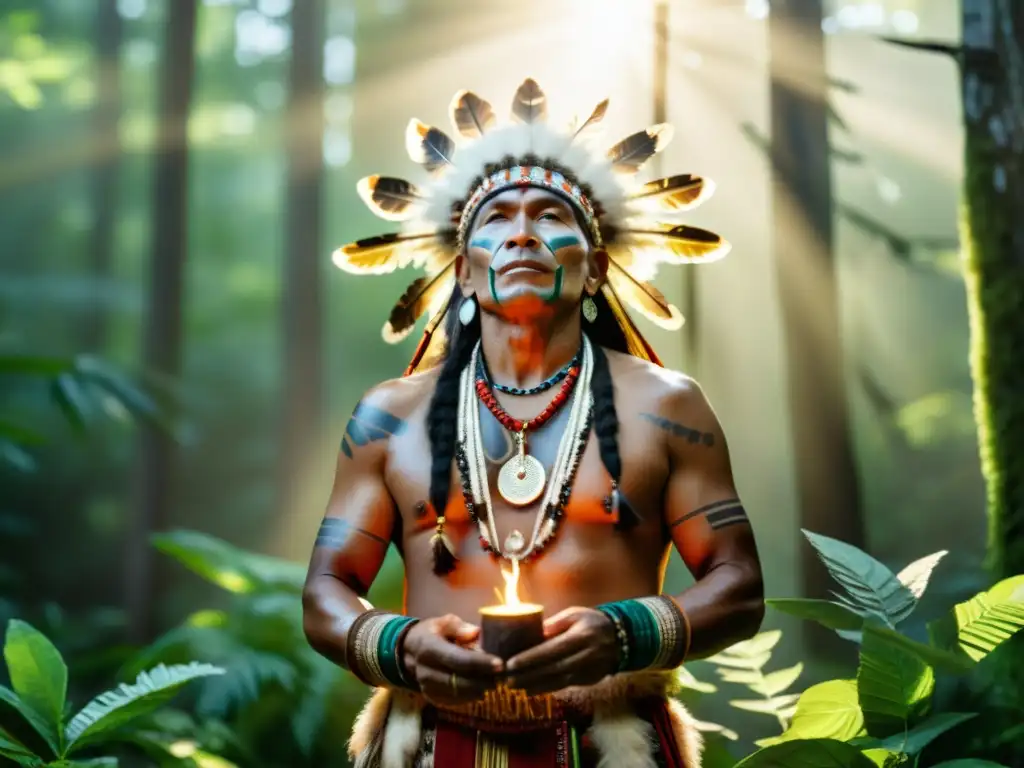 Un chamán nativo realiza una ceremonia sagrada en el bosque, rodeado de hierbas y plumas