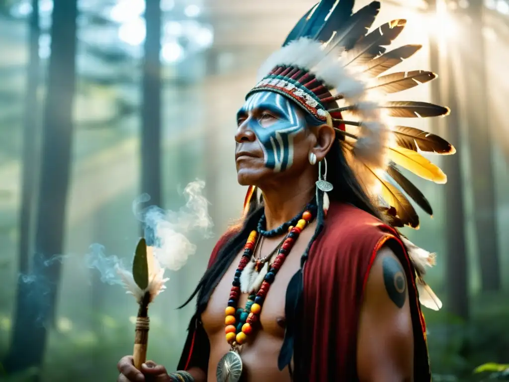 Un chamán nativo en regalia tradicional realiza una ceremonia espiritual en el bosque neblinoso, proyectando significados espirituales del chamanismo