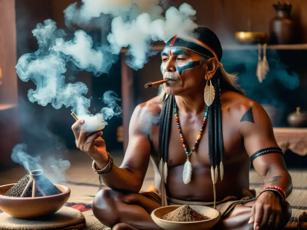 Un chamán nativo realiza un ritual de tabaco sagrado en un ambiente lleno de humo y artefactos tradicionales, con una expresión solemne