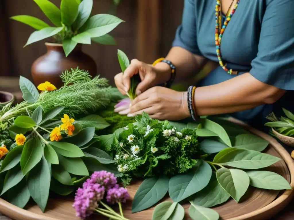 Un chamán selecciona y prepara plantas medicinales en un ambiente místico, rodeado de hojas verdes y flores coloridas