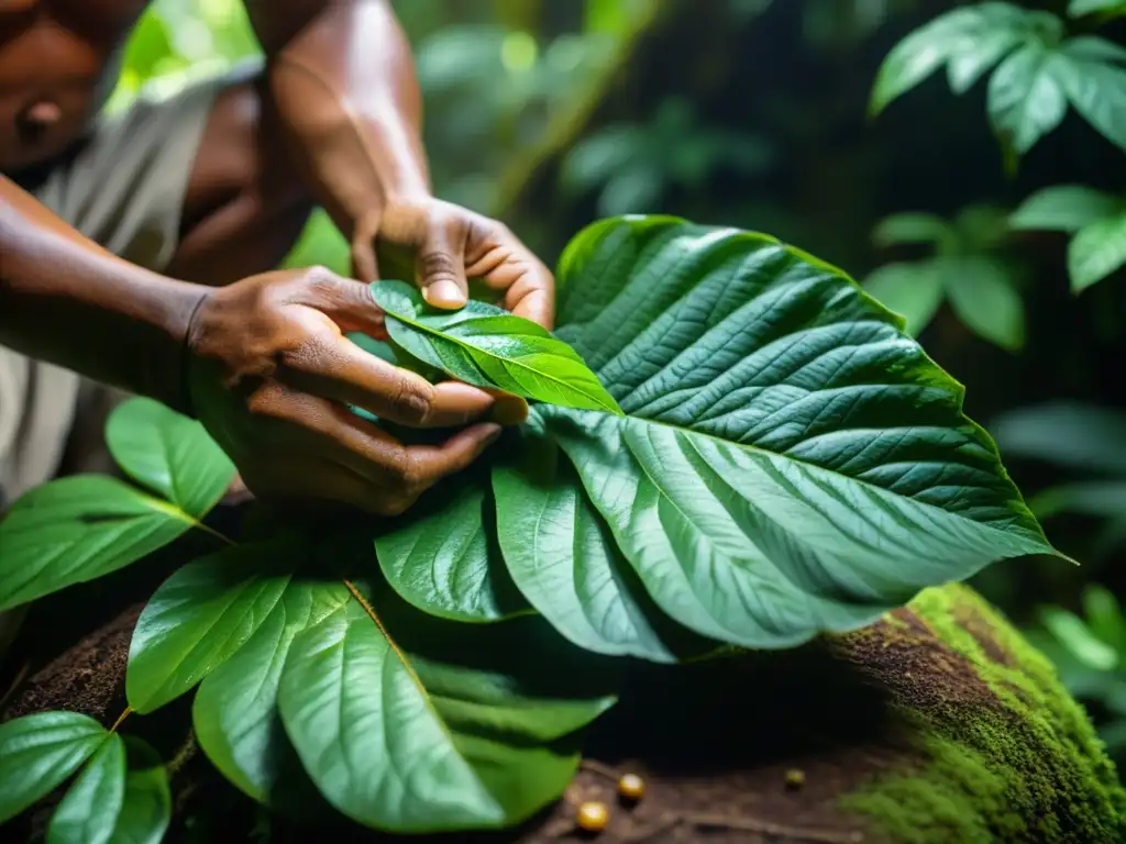 Un chamán cosecha plantas medicinales en la exuberante selva, mostrando el uso responsable de la biodiversidad