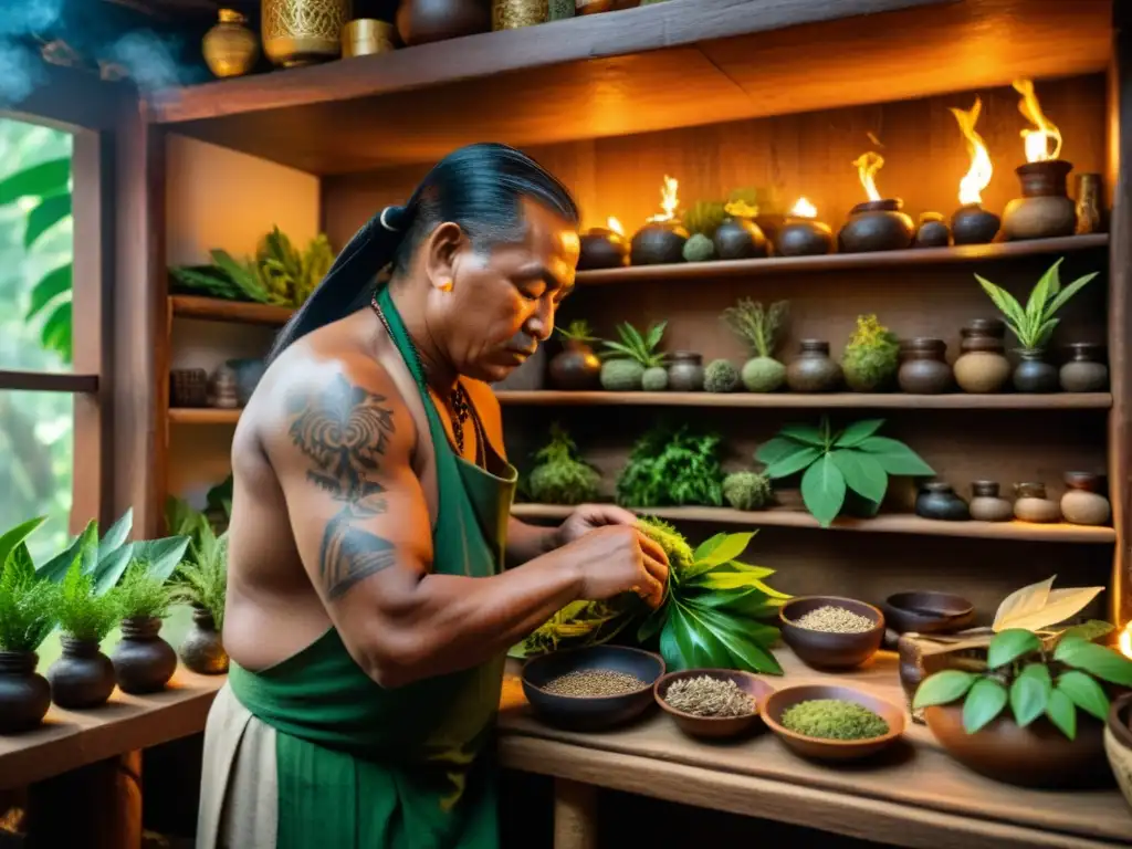 Un chamán prepara plantas medicinales para rituales en una habitación tenue, rodeado de hierbas y humo fragante