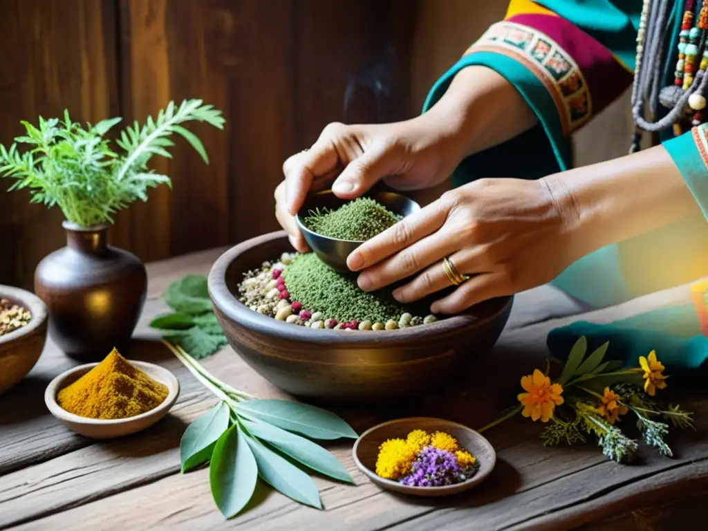 Un chamán prepara una poción medicinal con hierbas y plantas aromáticas en un ritual antiguo iluminado por luz natural