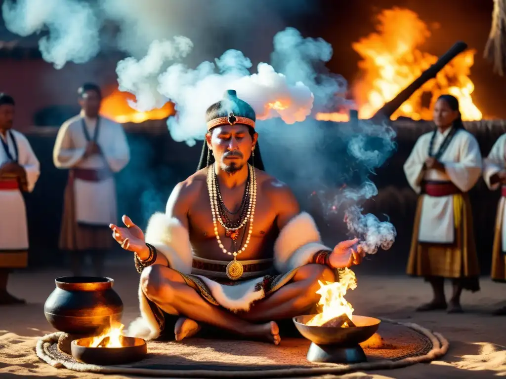 Un chamán realiza un ritual de purificación energética alma, rodeado de humo y luz cálida de fuego, en medio de la naturaleza exuberante al atardecer