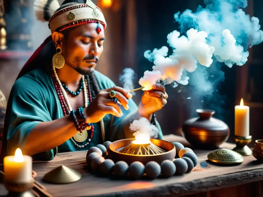 Un chamán realiza un ritual con amuletos poderosos en un altar sagrado, rodeado de humo y misticismo